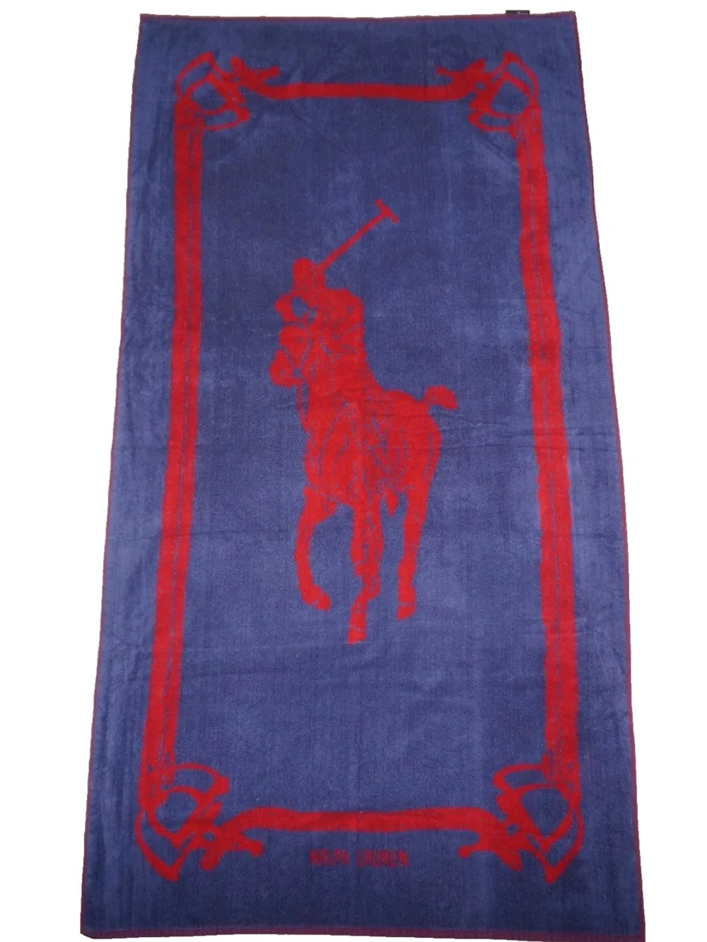 Vintage RALPH LAUREN Red & Blue 100% Cotton POLO LOGO Beach Towel USA 36 x 70